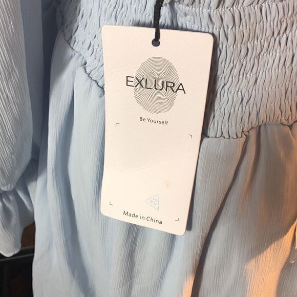 NWT Exlura Baby Blue Mini Dress Lantern Sleeves Tie Back Ruched Waist Size M - Picture 7 of 8